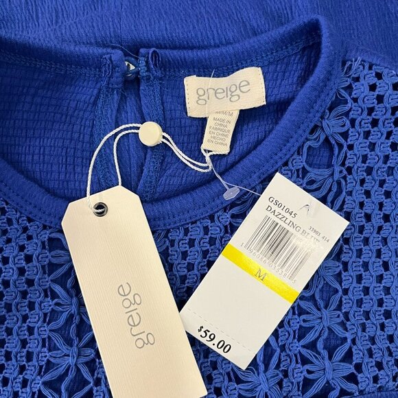 Greige Women's Upper Netting Cap Sleeve Dazzling Blue Top - Size Medium - NWT$59 - Picture 2 of 4